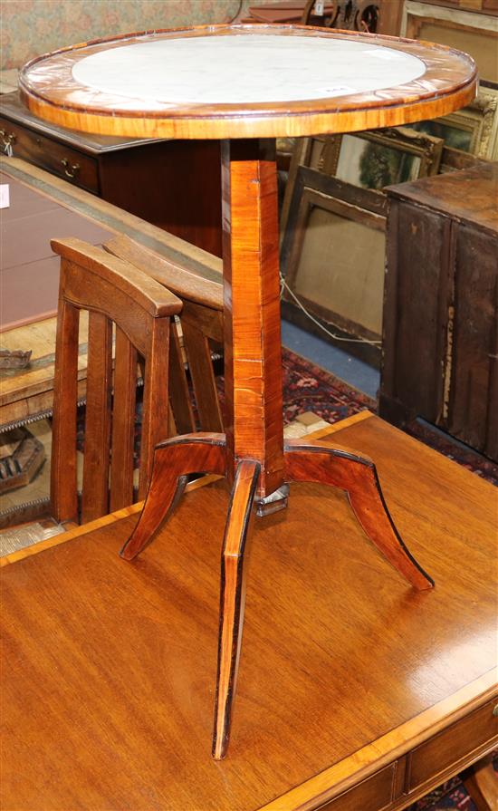 A French kingwood tripod table with inset marble top W.45cm